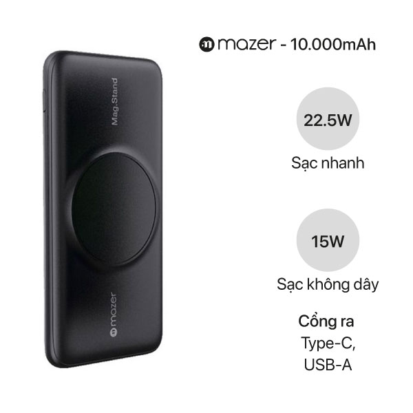 Pin sạc dự phòng không dây Mazer Infinite.Boost Mag.Stand Qi Wireless 15W 10000mAh