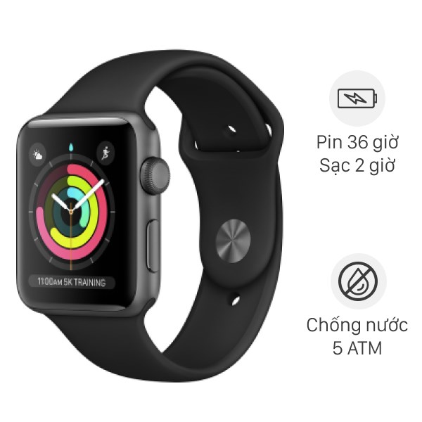 Apple Watch S3 GPS 38mm viền nhôm dây cao su đen