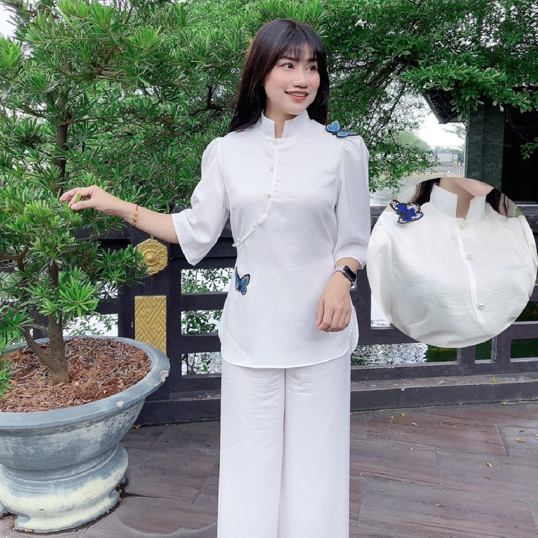 Đồ lam đi chùa cao cấp AL031 kết cườm thêu bướm cực đẹp