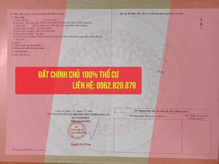 Bán đất thổ cư 167 m2 Ấp Rừng Sến, xã Mỹ Hạnh Bắc, Đức Hòa Long An