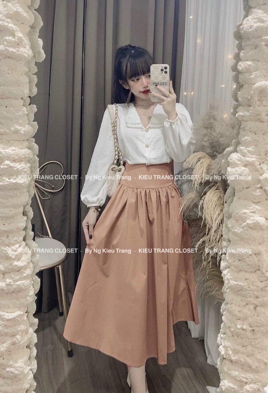 SÉT ÁO SƠ MI TRẮNG BÈO NGỌC MIX CHÂN VÁY KEM DÀI