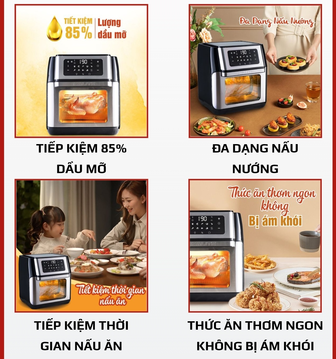 Link - Nồi chiên không dầu kiêm lò nướng Kalite Q10 có dung tích lớn 10L, phần khoang chiên rộng rãi hoàn toàn có thể quay gà, vịt nguyên con hay chế biến nhiều loại thực phẩm cùng một lúc. Không chỉ đáp ứng bữa ăn cho cả gia đình mà còn phục vụ đủ nhu cầu trong các buổi party với bạn bè. (https://bit.ly/3EQj8si)