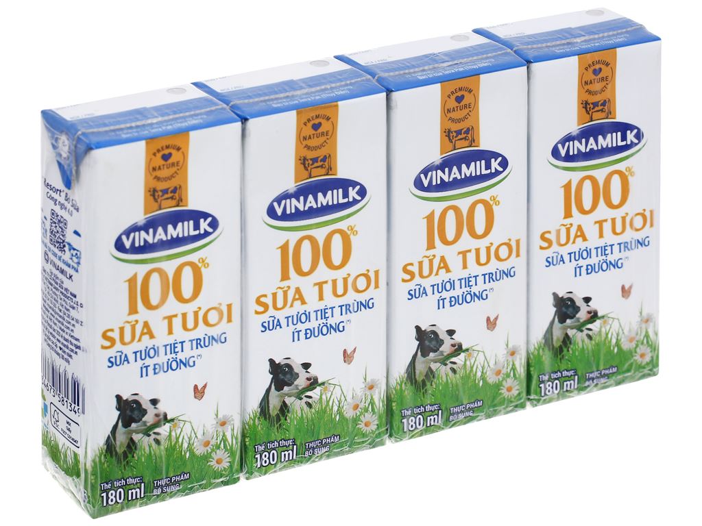 Lốc 4 hộp sữa tươi ÍT ĐƯỜNG Vinamilk 100% Sữa Tươi 180ml
