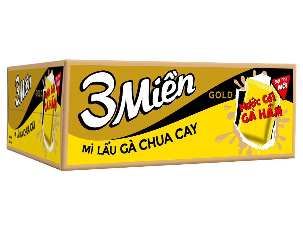 Thùng 30 gói mì 3 Miền Gold lẩu gà chua cay 75g (có gói nước cốt gà hầm)