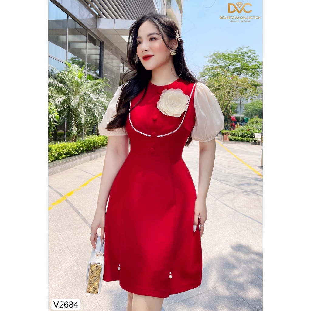 Link - VÁY ĐỎ XÒE VỀN REN TAY VOAN - V2684 - DOLCE VIVA COLLECTION. Giá: 470.000 vnđ (https://shorten.asia/SNeMnDt4)
