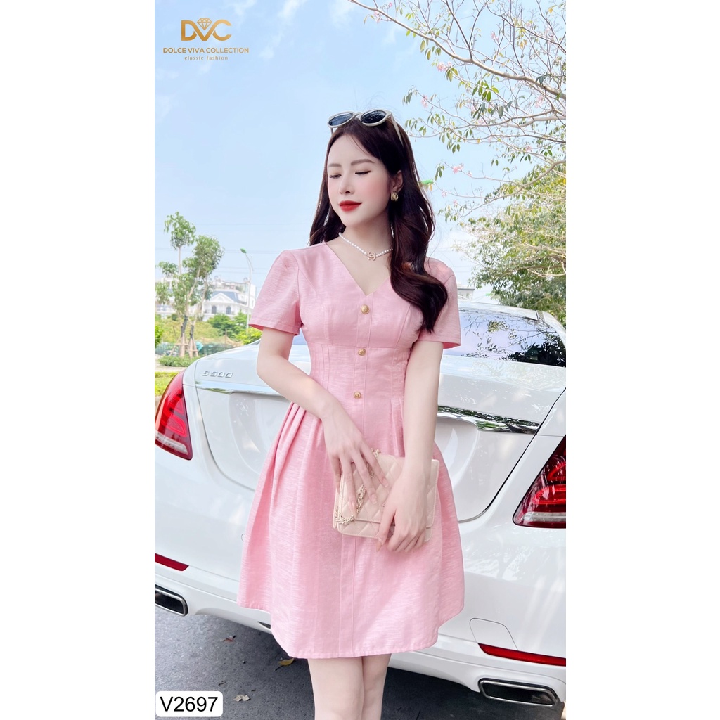 Link - VÁY HỒNG TAFTA ĐŨI CỔ V ĐÍNH CÚC V2697 - DOLCE VIVA COLLECTION. Giá: 460.000 vnđ (https://shorten.asia/Q4MZMXeU)