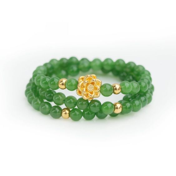 Vòng tay ngọc bích Nephrite mixx charm hoa sen vàng