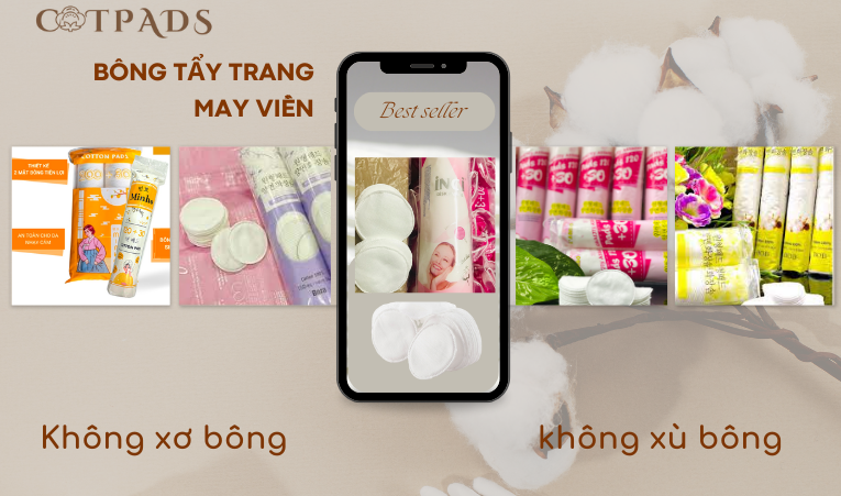 Bông tẩy trang tròn may viền 100% Contton...