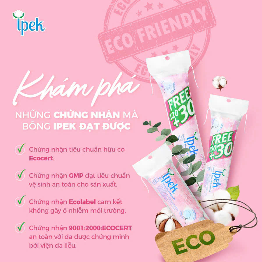 Combo 2 Bông Tẩy Trang Ipek 150 miếng mềm mịn, không xơ, thành phần hoàn toàn tự nhiên 100% cotton, thấm hút nhanh.