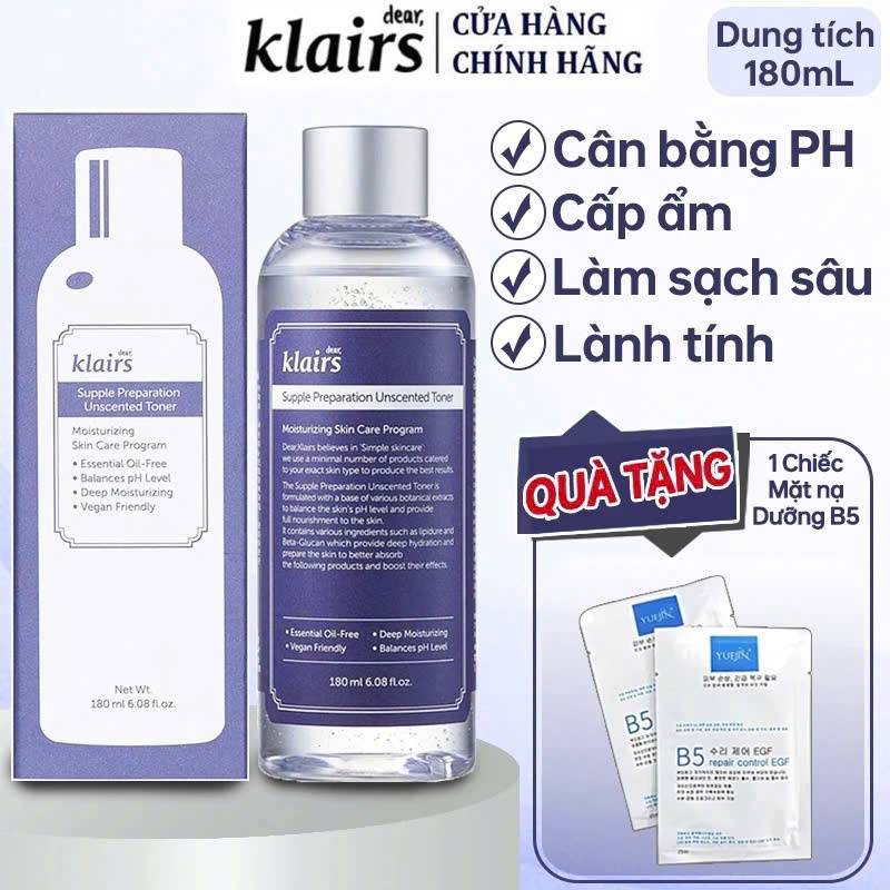 Nước Hoa Hồng Không Mùi Dành Cho Da Nhạy Cảm Klairs Supple Preparation Unscented Toner 180ml Sản Phẩm Chính Hãng