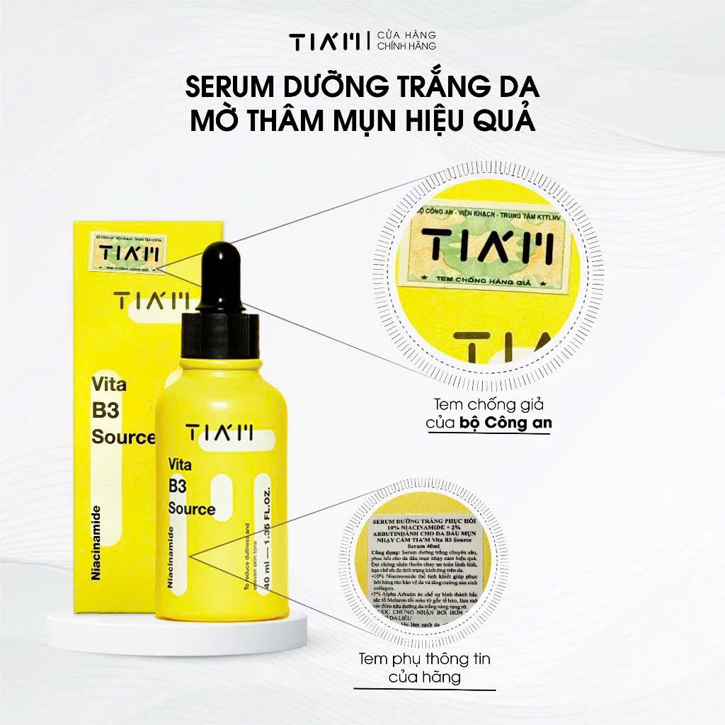 Serum Dưỡng Sáng, Phục Hồi Cho Da Dầu Mụn, Nhạy Cảm Niacinamide 10% + Arbutin 2% Tia'm Vita B3 Source 40ml