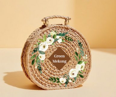 Round water hyacinth bag with embroidered patterns
